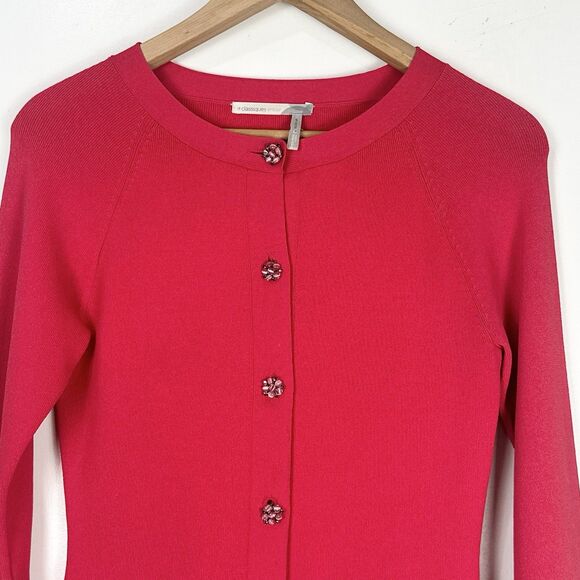 Classiques Entier Red Flower Jeweled Button Cardigan Petite Small Feminine Chic - Picture 3 of 9